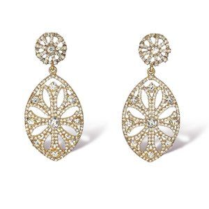 NEW Badgley Mischka Gold Crystal Filigree Floral Cutout Long Chandelier Earrings